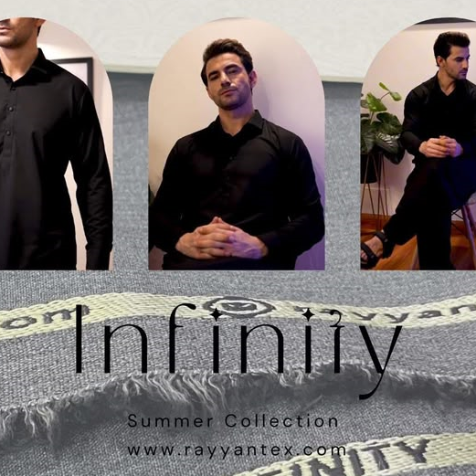A promotional collage showing five male models wearing black shirts in different poses, above a close-up of a gray fabric swatch with fringe and the text 'Infinity Summer Collection' and 'www.rayyantex.